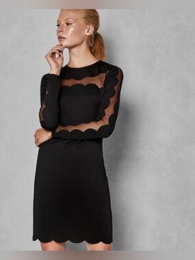 Ted Baker Serenity Scalloped Mesh Bodycon Cocktail Dress Black Medium sz 3 (6-8)